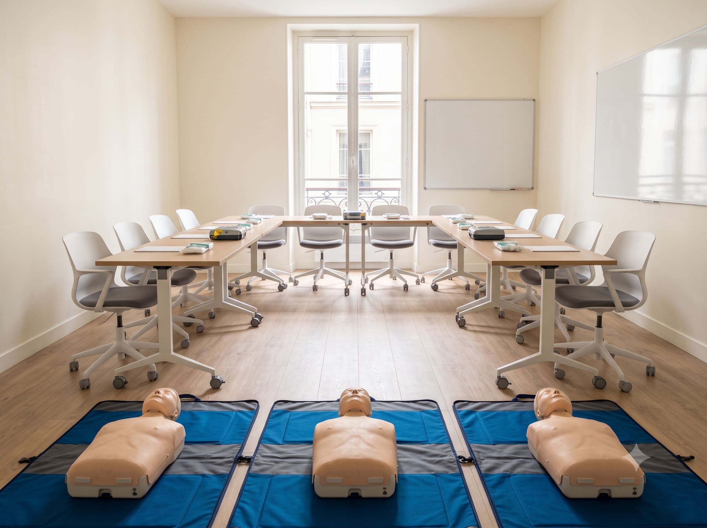 Salle de formation SPF à Paris 11e équipée de mannequins de secourisme